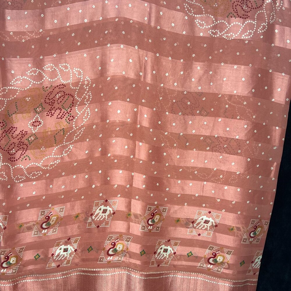 Vintage Sheer Silk-Like Elephant Pattern Fabric Scarf Wrap 48" x 220" Pre-Owned